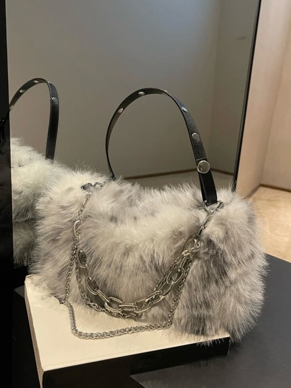 Faux Fur Shoulder Bag with Silver Chains - Gray
